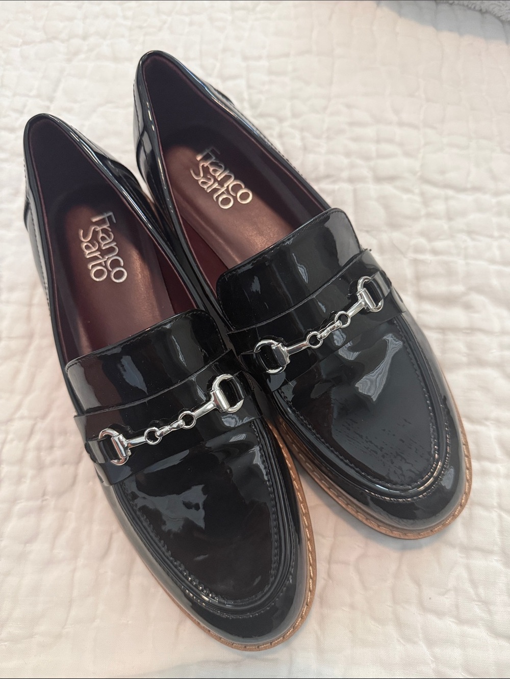 Franco Sarto Black Patent Leather Loafers with Silver Bit